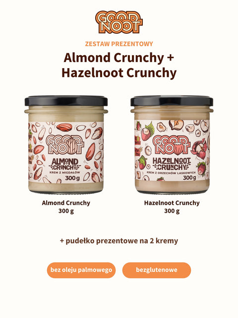 Zestaw prezentowy ALMOND CRUNCHY + HAZELNOOT CRUNCHY: 2 kremy po 300 g i pudełko na 2 kremy, bez oleju palmowego, bezglutenowe