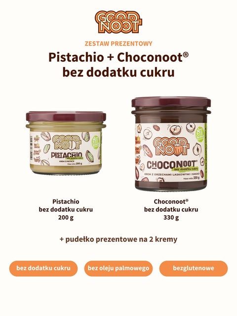 W zestawie: PISTACHIO bez dodatku cukru 200 g, CHOCONOOT® bez dodatku cukru 330 g i pudełko prezentowe na 2 kremy – bez dodatku cukru, bez oleju palmowego, bezglutenowe