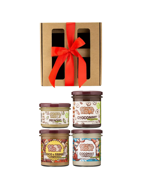 Zestaw 4 kremów bez dodatku cukru Good Noot: PISTACHIO, CHOCONOOT®, CHOCO & PEANOOT CRUNCHY i COCONOOT CRUNCHY z pudełkiem prezentowym na 4 kremy