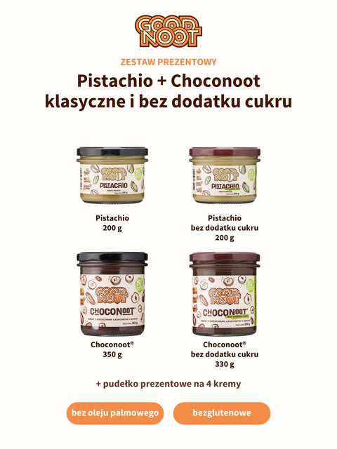 Zestaw prezentowy 4 kremów: PISTACHIO 200 g, PISTACHIO bez dodatku cukru 200 g, CHOCONOOT® 350 g i CHOCONOOT® bez dodatku cukru 330 g + pudełko na 4 kremy