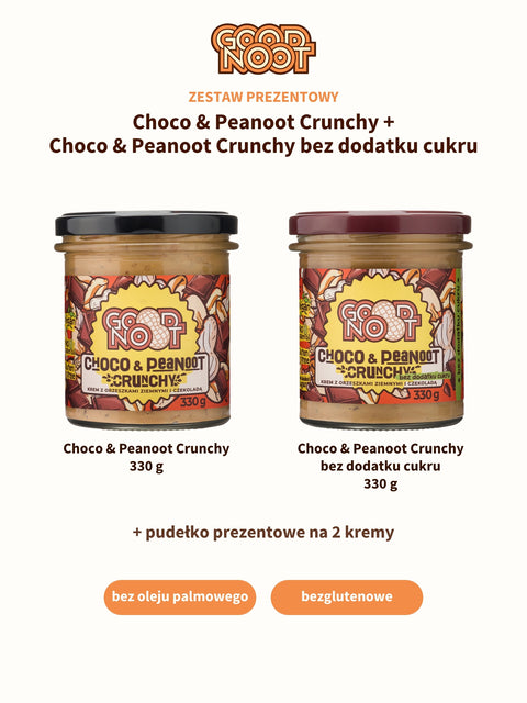 Infografika: zestaw prezentowy Choco & Peanoot Crunchy + Choco & Peanoot Crunchy bez dodatku cukru, 2 × 330 g z pudełkiem na 2 kremy