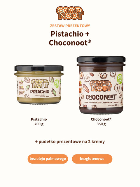 W zestawie: PISTACHIO 200 g, CHOCONOOT® 350 g i pudełko prezentowe na 2 kremy – bez oleju palmowego, bezglutenowe