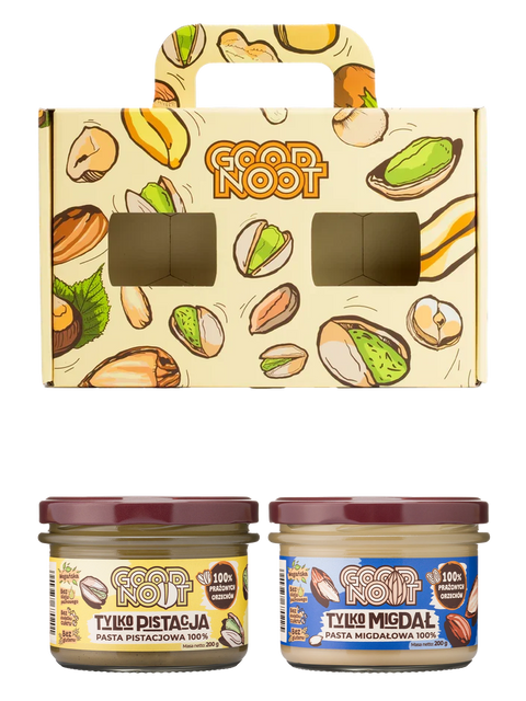 Pudełko prezentowe Good Noot oraz pasty TYLKO PISTACJA 200 g i TYLKO MIGDAŁ 200 g